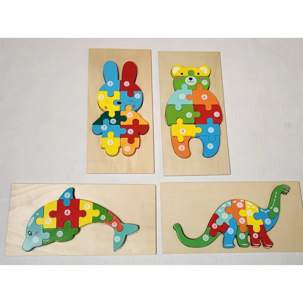 Lot of 4 Wooden Number Puzzles – Small Colorful Animal Learning Puzzles